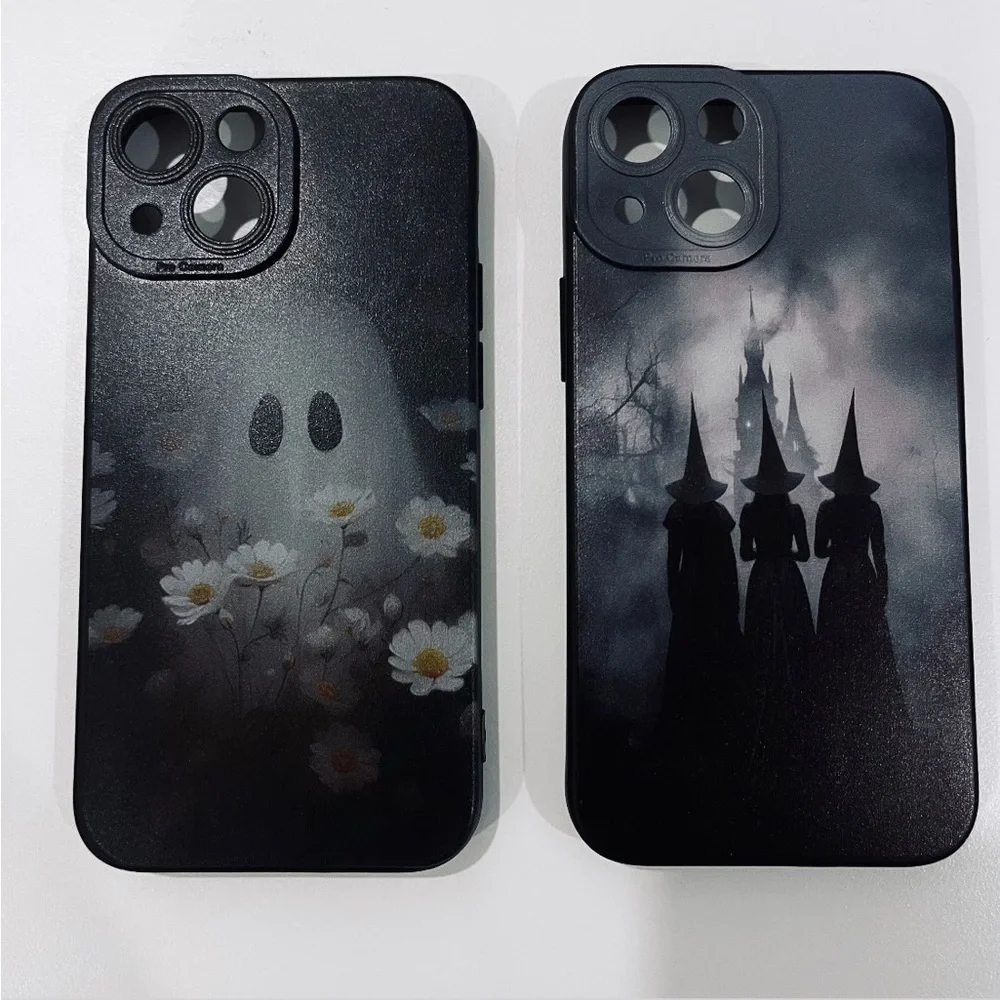 TWO iPhone 13 Mini Flexible Spooky Witchy Ghost Halloween Black Phone Case - Picture 7 of 11